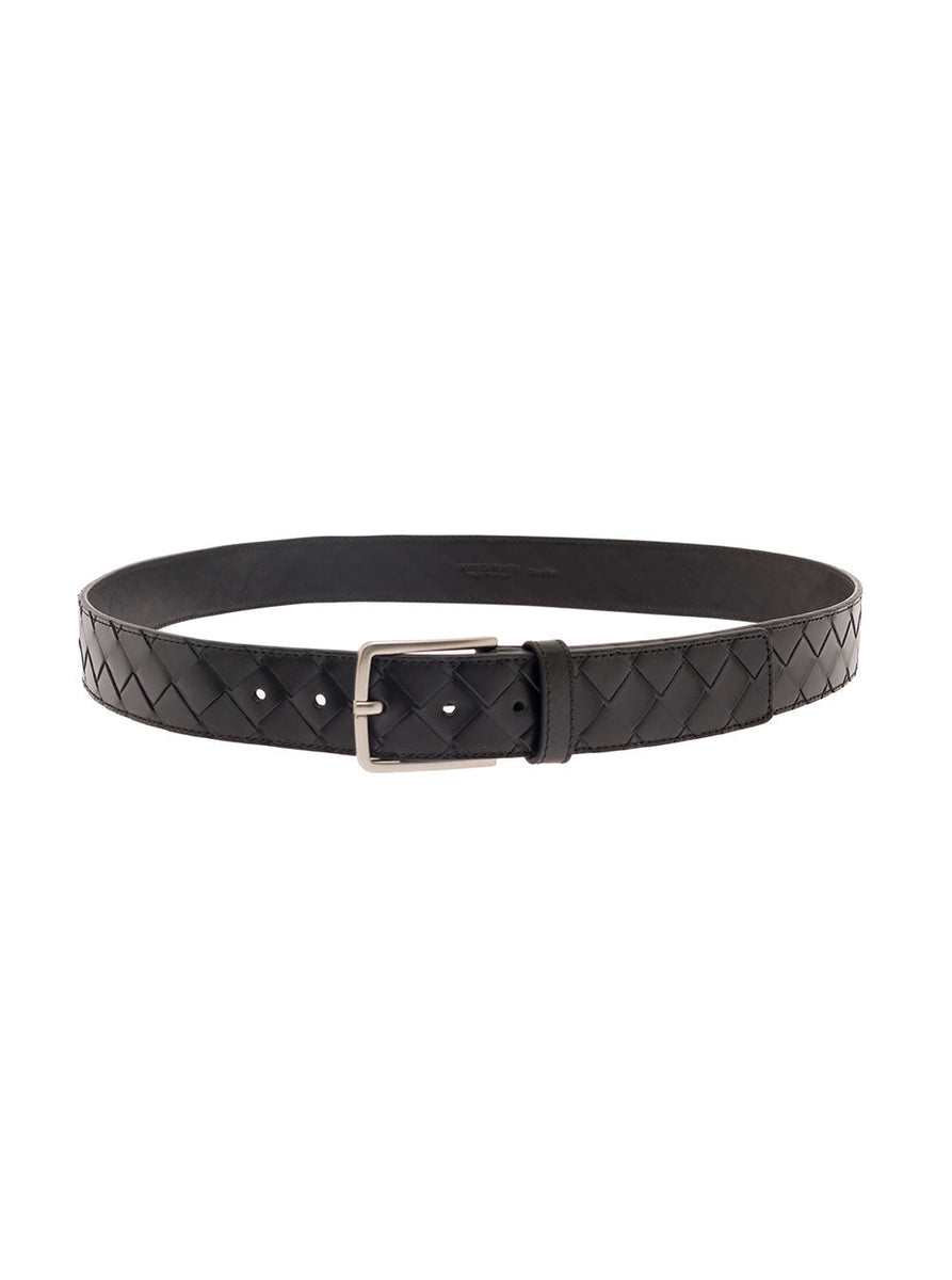 Bottega Veneta Belts? Bottega Veneta Men Black Belt With Silver-Colored Buckle In Intreccio Leather Man Premium Leather Designer Belt