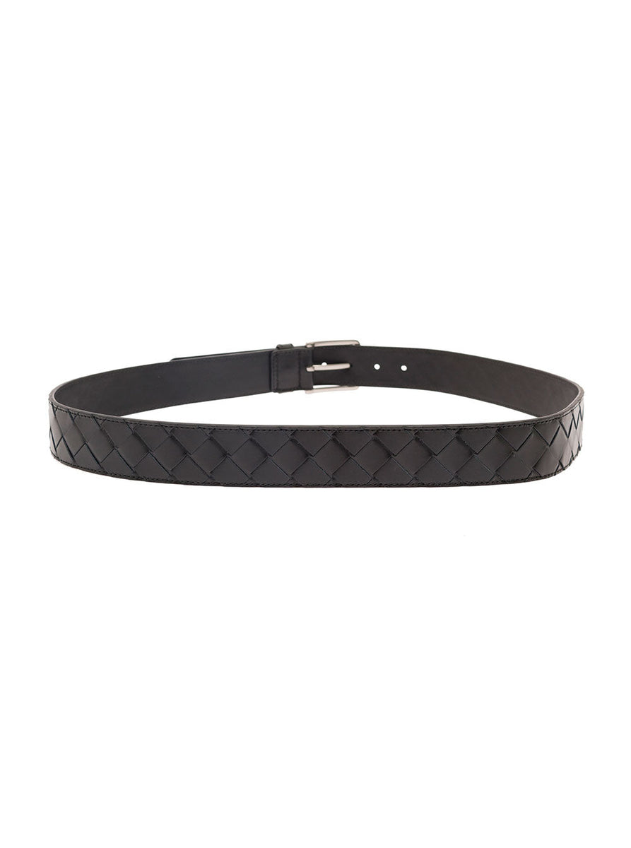 Bottega Veneta Belts? Bottega Veneta Men Black Belt With Silver-Colored Buckle In Intreccio Leather Man Premium Leather Designer Belt
