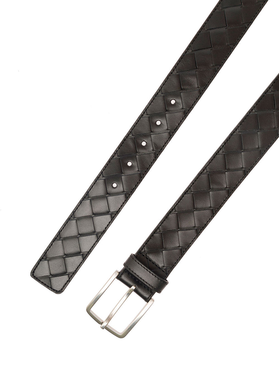 Bottega Veneta Belts? Bottega Veneta Men Black Belt With Silver-Colored Buckle In Intreccio Leather Man Premium Leather Designer Belt