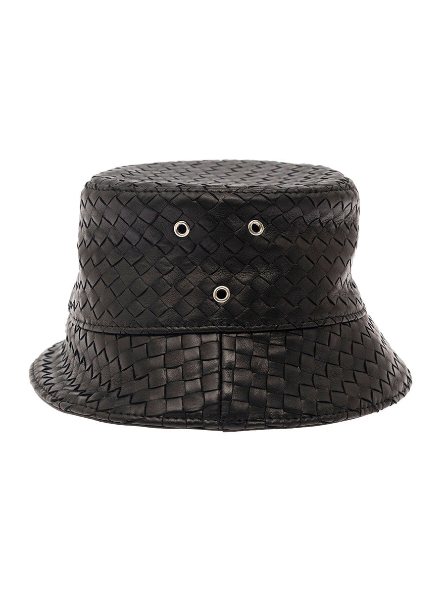 Bottega Veneta Hats? Bottega Veneta Men Black Bucket Hat With Metal Eyelets And Intreccio Motif In Leather Man Casual Everyday Designer Cap