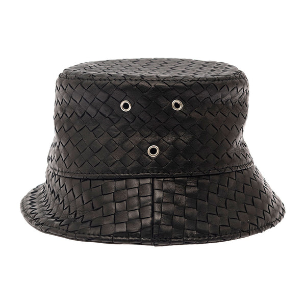 Bottega Veneta Hats? Bottega Veneta Men Black Bucket Hat With Metal Eyelets And Intreccio Motif In Leather Man Casual Everyday Designer Cap