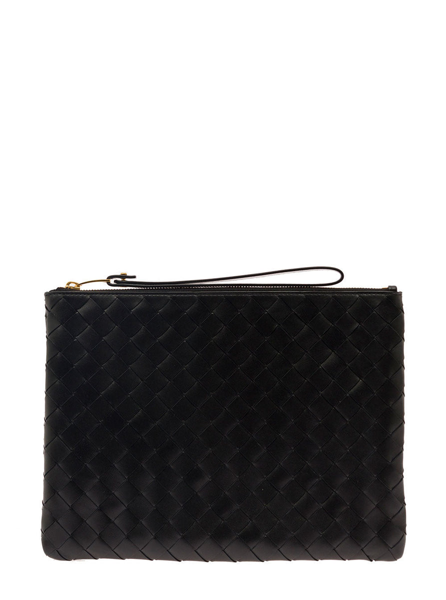 Bottega Veneta Bags? Bottega Veneta Women Black Pouch With Braided Motif In Nappa Leather With Zip Woman Luxury Designer Leather Handbag