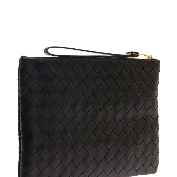 Bottega Veneta Bags? Bottega Veneta Women Black Pouch With Braided Motif In Nappa Leather With Zip Woman Luxury Designer Leather Handbag