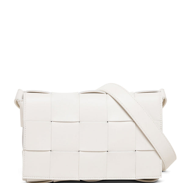 Bottega Veneta Bags? Bottega Veneta Women Cassette White Leather Crossbody Bag In Intreccio Nappa Leather Luxury Designer Leather Handbag