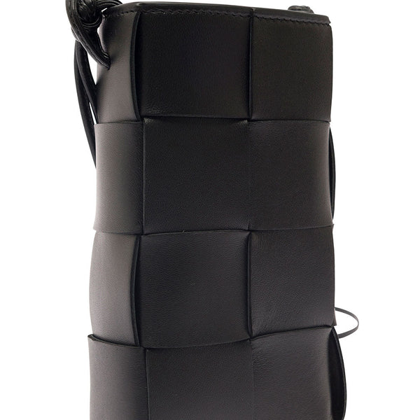 Bottega Veneta Bags? Bottega Veneta Women 'Phone Pouch' Black Shoulder Bag With Knot Details In Intreccio Nappa Leather Woman Luxury Designer Leather Handbag