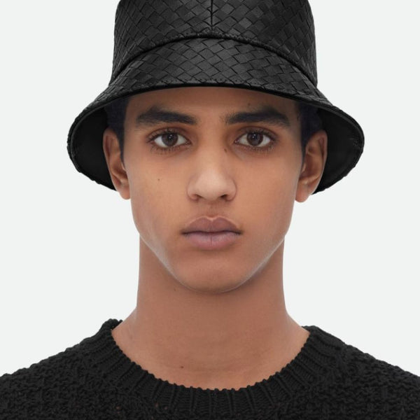 Bottega Veneta Hats? Bottega Veneta Men Black Bucket Hat With Metal Eyelets And Intreccio Motif In Leather Man Casual Everyday Designer Cap