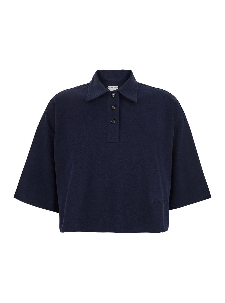 Bottega Veneta Polo Shirts? Bottega Veneta Women Blue Cropped Polo Shirt With Embroidered Logo In Cotton Piquet Woman Premium Everyday Polo Shirt