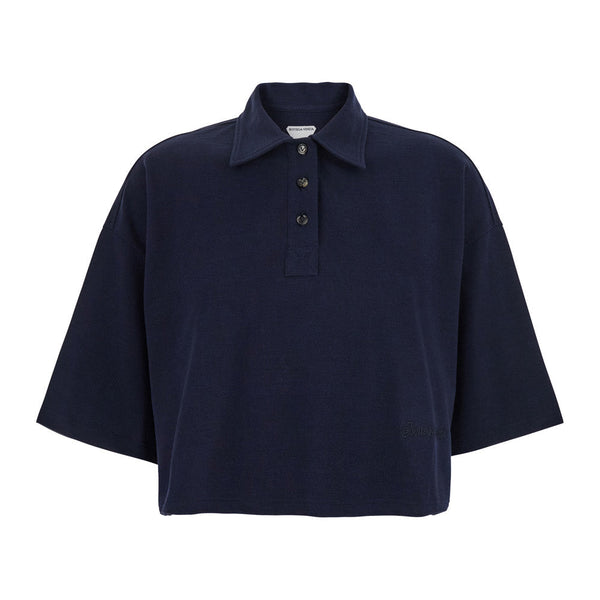 Bottega Veneta Polo Shirts? Bottega Veneta Women Blue Cropped Polo Shirt With Embroidered Logo In Cotton Piquet Woman Premium Everyday Polo Shirt