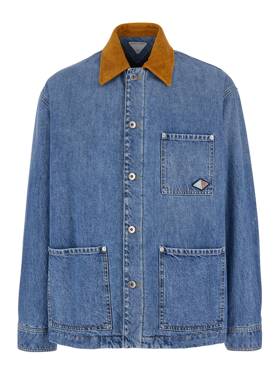 Bottega Veneta Jackets? Bottega Veneta Men Blue Jacket With Suede Collar And Logo Patch In Denim Man Stylish Everyday Designer Outerwear