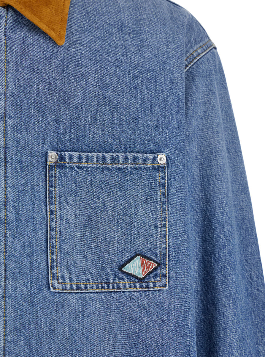 Bottega Veneta Jackets? Bottega Veneta Men Blue Jacket With Suede Collar And Logo Patch In Denim Man Stylish Everyday Designer Outerwear