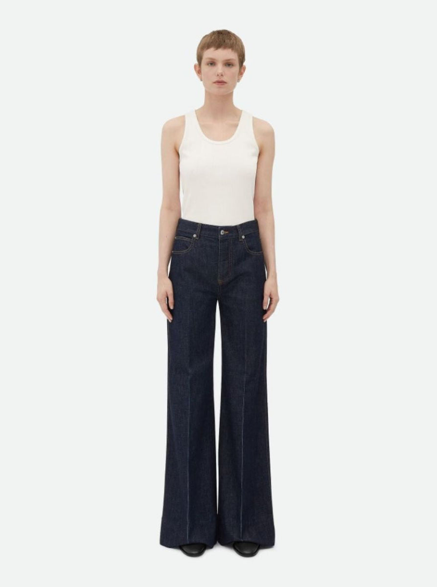 Bottega Veneta Jeans? Bottega Veneta Women 'Indigo' Blue Palazzo Jeans With Logo Patch On The Back In Cotton Woman Classic Everyday Designer Jeans