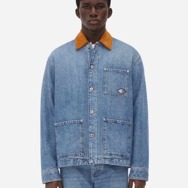 Bottega Veneta Jackets? Bottega Veneta Men Blue Jacket With Suede Collar And Logo Patch In Denim Man Premium Casual Designer Jacket