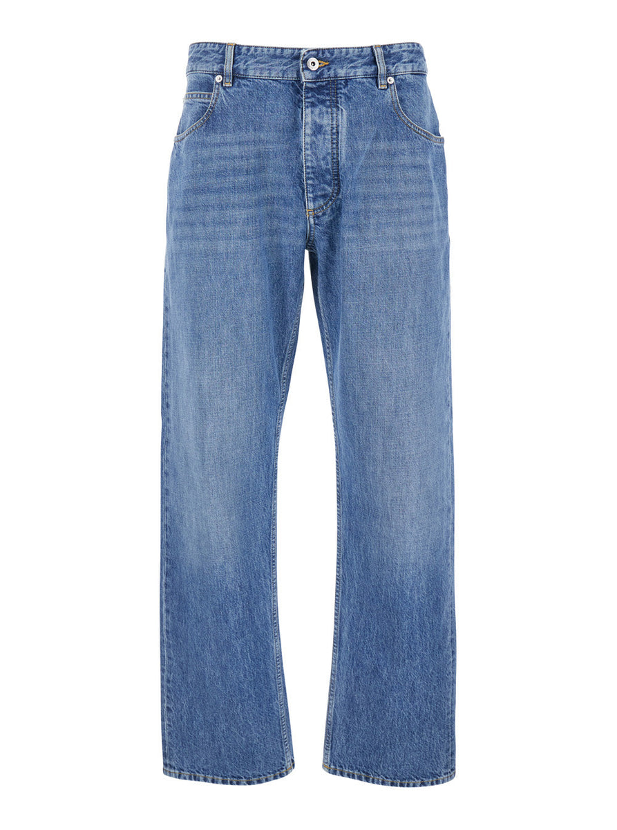 Bottega Veneta Jeans? Bottega Veneta Men Blue Five Pocket Jeans With Back Logo Patch In Denim Man Classic Everyday Designer Jeans