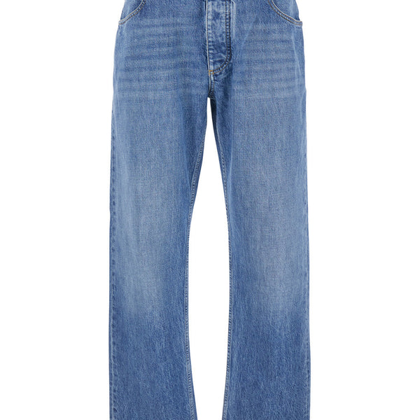 Bottega Veneta Jeans? Bottega Veneta Men Blue Five Pocket Jeans With Back Logo Patch In Denim Man Classic Everyday Designer Jeans
