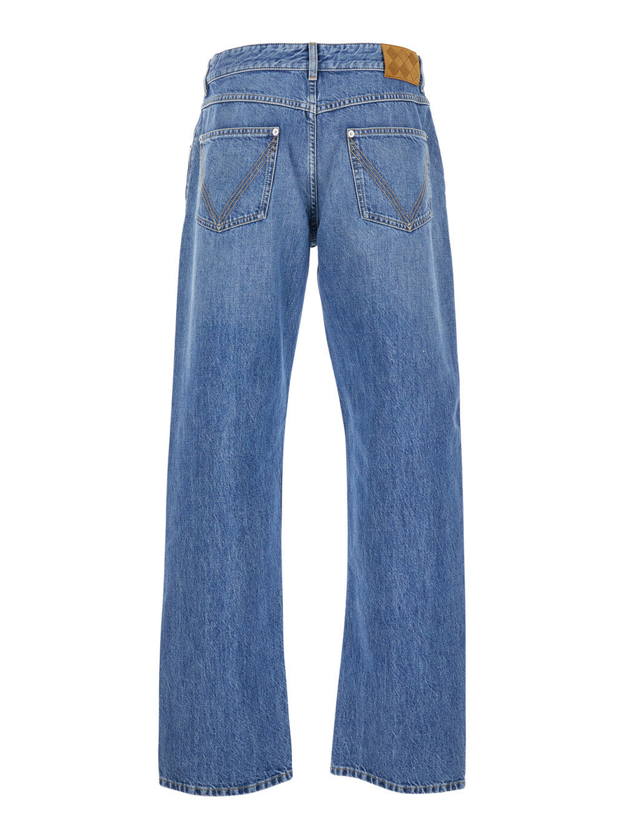 Bottega Veneta Jeans? Bottega Veneta Men Blue Five Pocket Jeans With Back Logo Patch In Denim Man Classic Everyday Designer Jeans