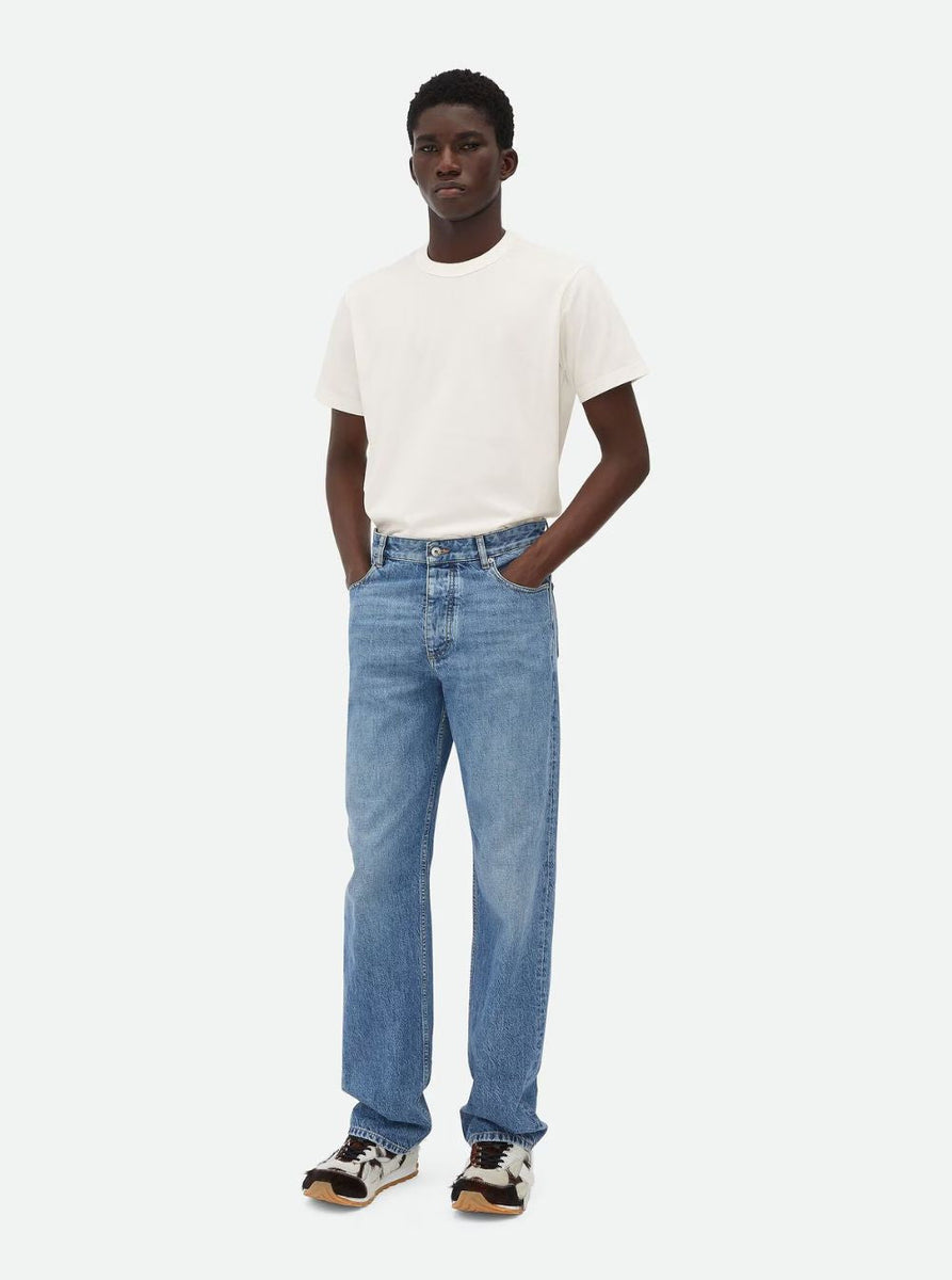Bottega Veneta Jeans? Bottega Veneta Men Blue Five Pocket Jeans With Back Logo Patch In Denim Man Classic Everyday Designer Jeans