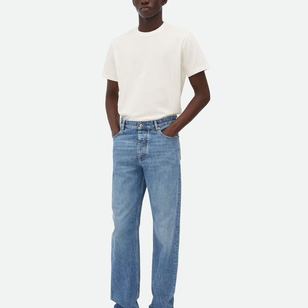 Bottega Veneta Jeans? Bottega Veneta Men Blue Five Pocket Jeans With Back Logo Patch In Denim Man Classic Everyday Designer Jeans