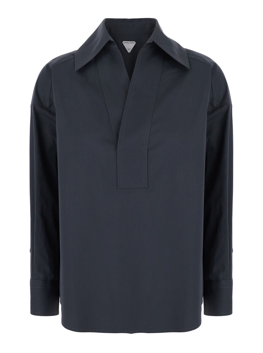 Bottega Veneta Tops? Bottega Veneta Women Grey Shirt With Deep Neckline On The Front And Long Sleeves In Cotton Poplin Woman Elegant Everyday Designer Top