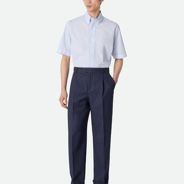 Bottega Veneta Pants? Bottega Veneta Men Blue Pants With Belt Loops And Turn-Up Hem In Wool Man Tailored Everyday Designer Pants