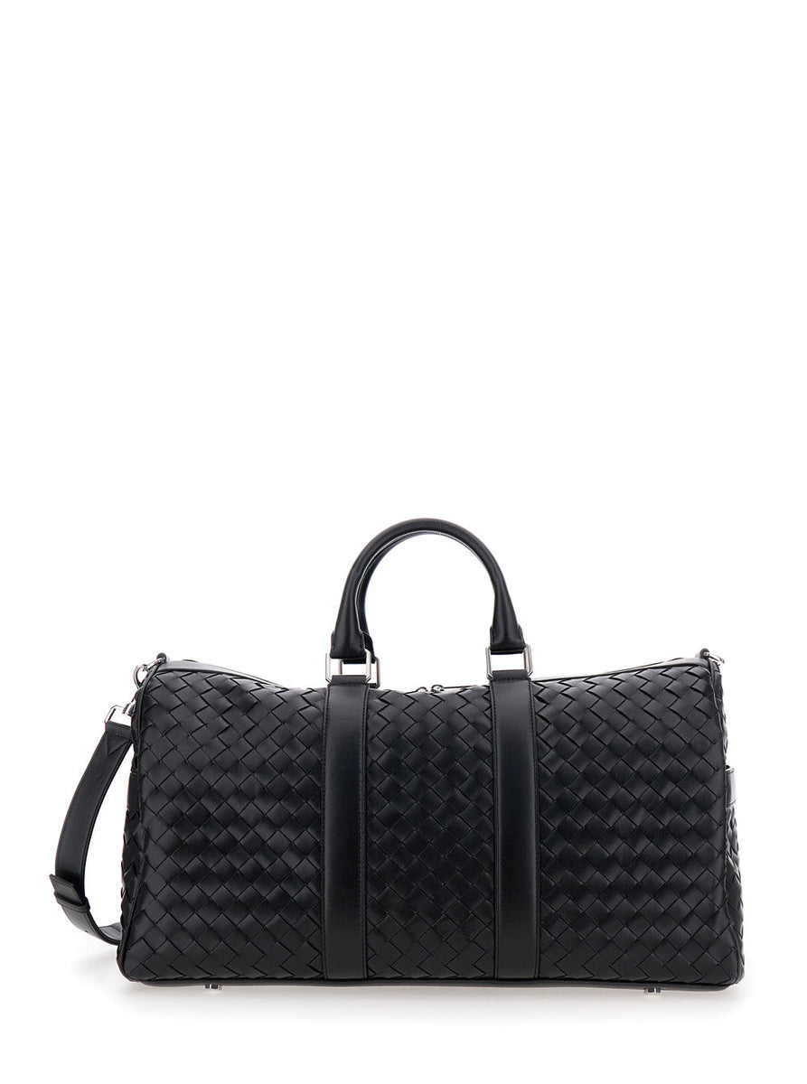 Bottega Veneta Bags? Bottega Veneta Men Black Travel Bag With Intrecciato Motif And Shoulder Strap In Leather Man Premium Designer Shoulder Bag