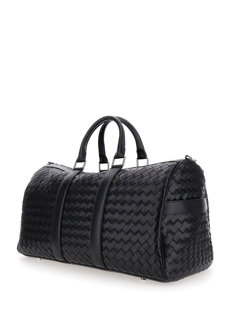 Bottega Veneta Bags? Bottega Veneta Men Black Travel Bag With Intrecciato Motif And Shoulder Strap In Leather Man Premium Designer Shoulder Bag