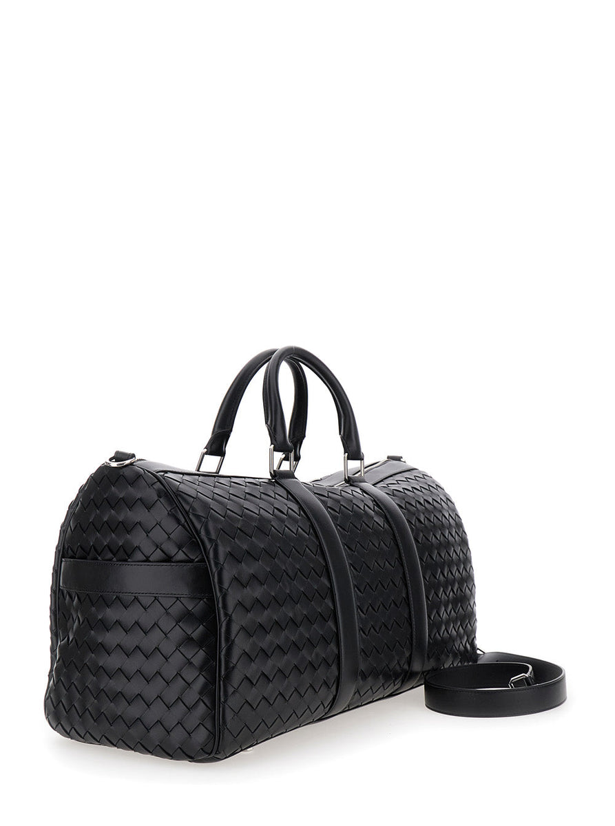 Bottega Veneta Bags? Bottega Veneta Men Black Travel Bag With Intrecciato Motif And Shoulder Strap In Leather Man Premium Designer Shoulder Bag
