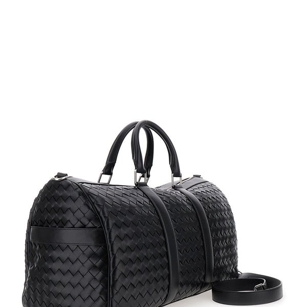 Bottega Veneta Bags? Bottega Veneta Men Black Travel Bag With Intrecciato Motif And Shoulder Strap In Leather Man Premium Designer Shoulder Bag