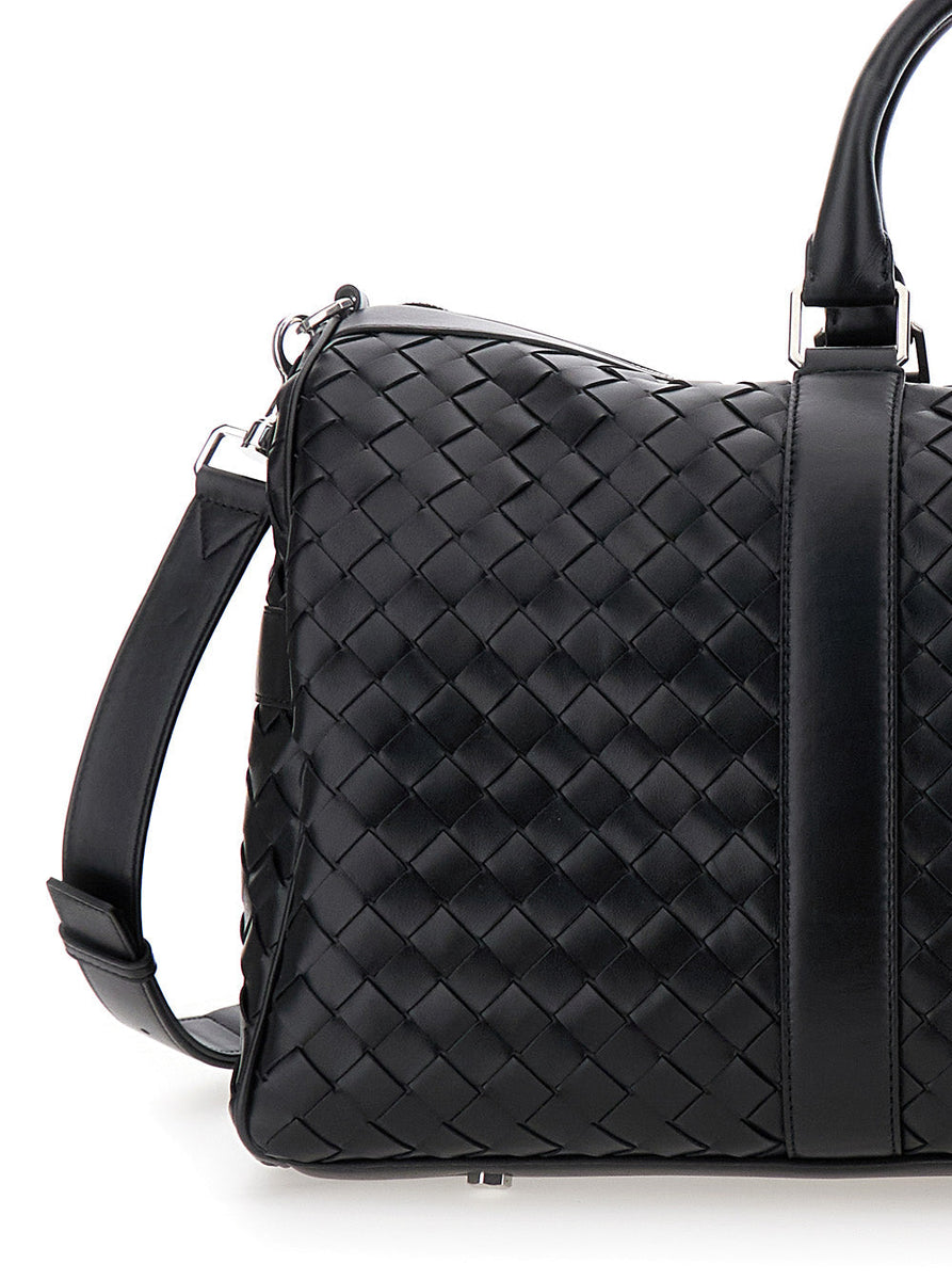 Bottega Veneta Bags? Bottega Veneta Men Black Travel Bag With Intrecciato Motif And Shoulder Strap In Leather Man Premium Designer Shoulder Bag