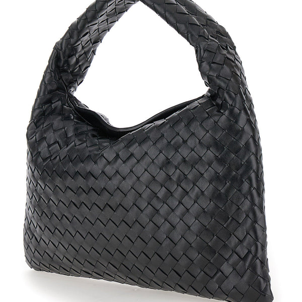 Bottega Veneta Bags? Bottega Veneta Women 'Hop Small' Black Shoulder Bag With Intreccio Motif In Leather Woman Premium Designer Shoulder Bag