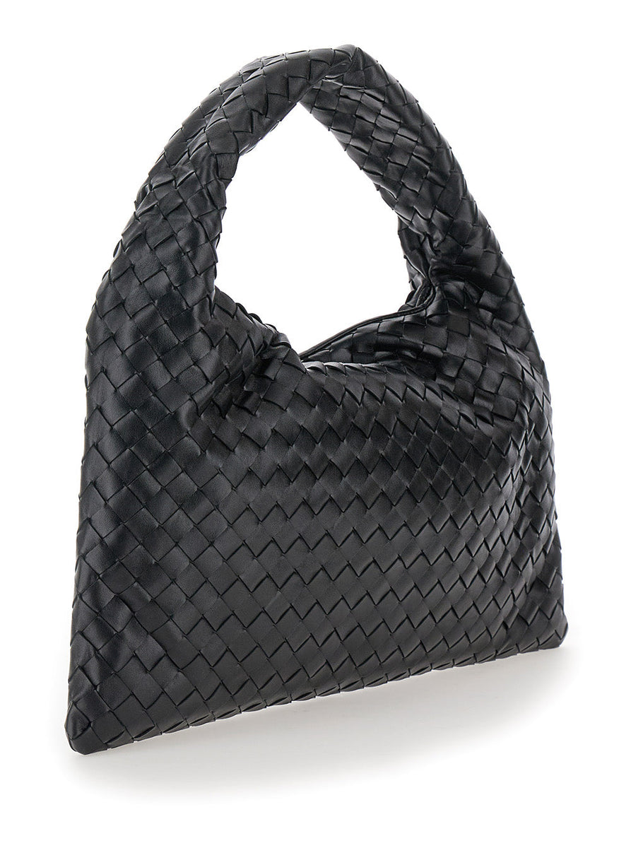 Bottega Veneta Bags? Bottega Veneta Women 'Hop Small' Black Shoulder Bag With Intreccio Motif In Leather Woman Premium Designer Shoulder Bag
