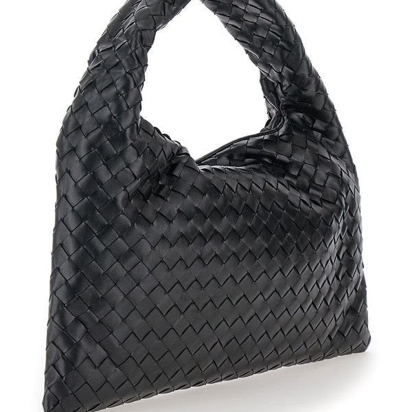 Bottega Veneta Bags? Bottega Veneta Women 'Hop Small' Black Shoulder Bag With Intreccio Motif In Leather Woman Premium Designer Shoulder Bag