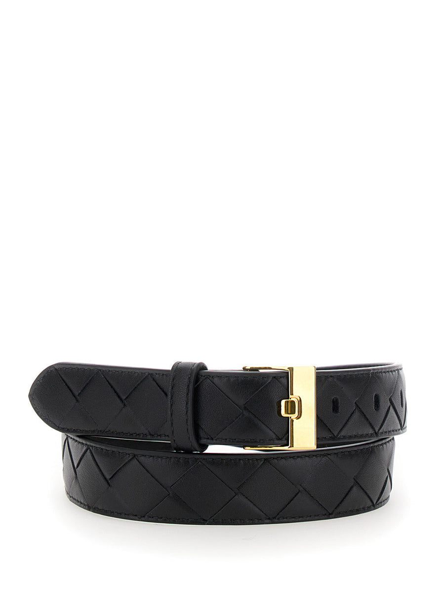 Bottega Veneta Belts? Bottega Veneta Women Black Belt With All-Over Intreccio Motif In Leather Woman Classic Everyday Designer Belt