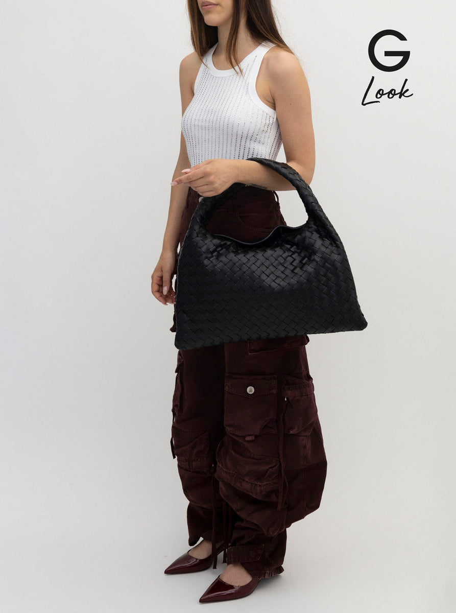 Bottega Veneta Bags? Bottega Veneta Women 'Hop Small' Black Shoulder Bag With Intreccio Motif In Leather Woman Premium Designer Shoulder Bag