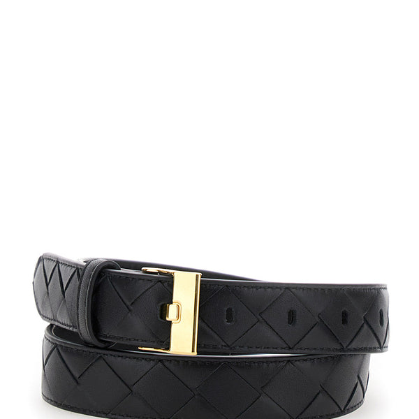 Bottega Veneta Belts? Bottega Veneta Women Black Belt With All-Over Intreccio Motif In Leather Woman Classic Everyday Designer Belt