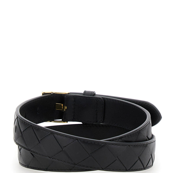 Bottega Veneta Belts? Bottega Veneta Women Black Belt With All-Over Intreccio Motif In Leather Woman Classic Everyday Designer Belt