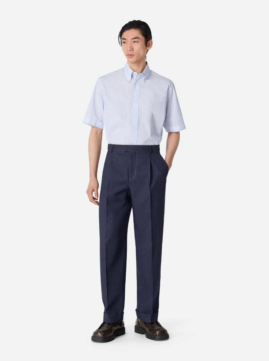 Bottega Veneta Pants? Bottega Veneta Men Blue Pants With Belt Loops And Turn-Up Hem In Wool Man Tailored Everyday Designer Pants