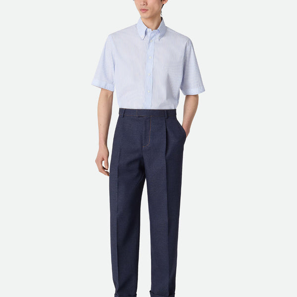 Bottega Veneta Pants? Bottega Veneta Men Blue Pants With Belt Loops And Turn-Up Hem In Wool Man Tailored Everyday Designer Pants