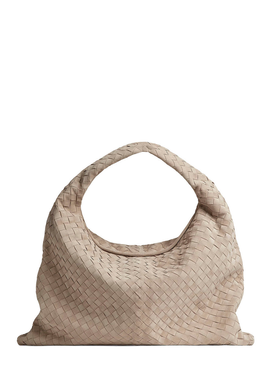 Bottega Veneta Bags? Bottega Veneta Women 'Hop' Beige Large Shoulder Bag With Intrecciato Motif And Magnetic Closure In Suede Woman Premium Designer Shoulder Bag