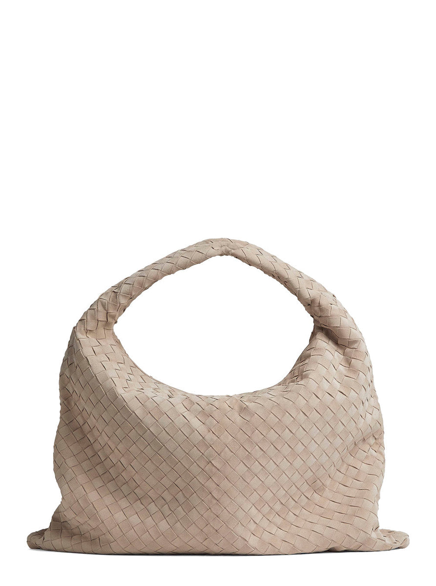 Bottega Veneta Bags? Bottega Veneta Women 'Hop' Beige Large Shoulder Bag With Intrecciato Motif And Magnetic Closure In Suede Woman Premium Designer Shoulder Bag