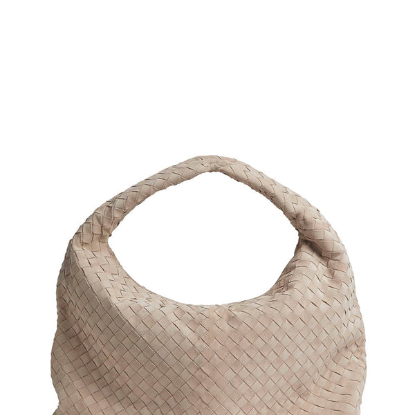 Bottega Veneta Bags? Bottega Veneta Women 'Hop' Beige Large Shoulder Bag With Intrecciato Motif And Magnetic Closure In Suede Woman Premium Designer Shoulder Bag