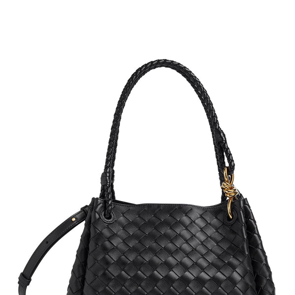Bottega Veneta Bags? Bottega Veneta Women 'Parachutte' Black Shoulder Bag With Knot Detail And Intrecciato Motif In Leather Woman Premium Designer Shoulder Bag