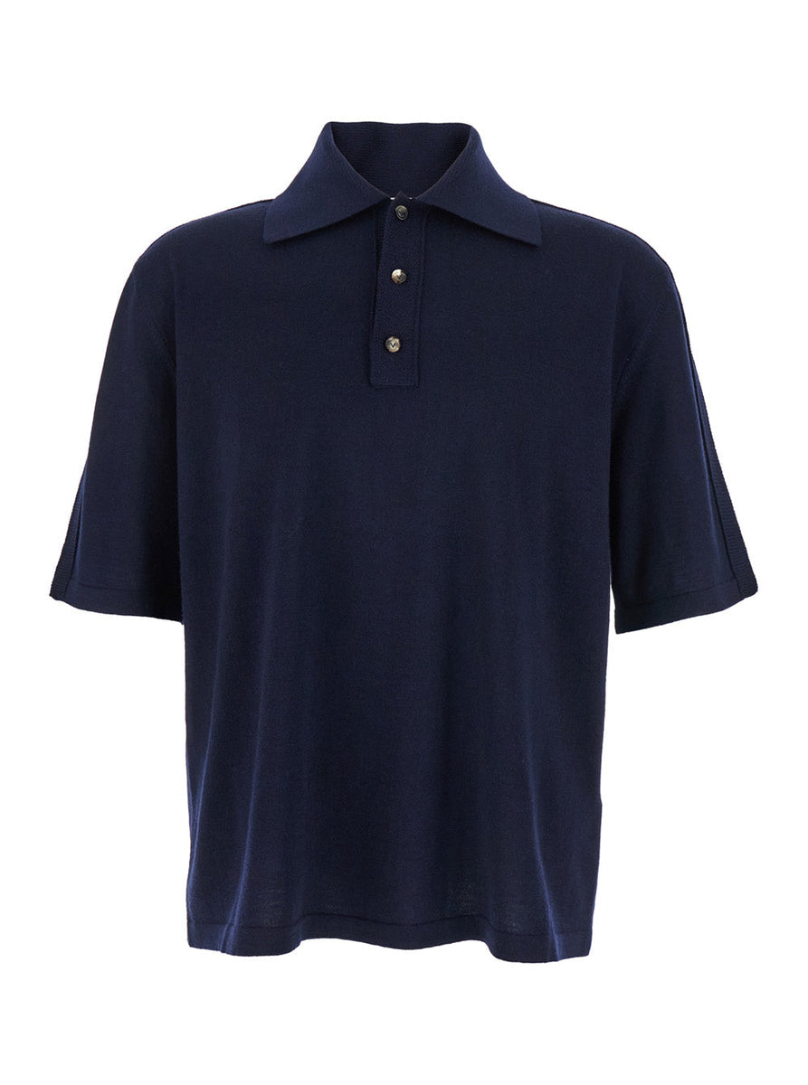 Bottega Veneta Polo Shirts? Bottega Veneta Men Blue Polo Shirt With Classic Collar And Front Button Closure In Wool Man Premium Everyday Polo Shirt