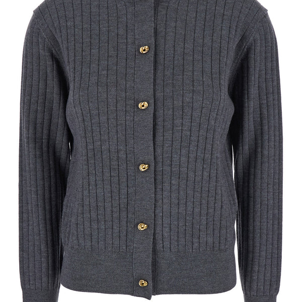 Bottega Veneta Sweaters? Bottega Veneta Women Grey Crewneck Cardigan With Knot Buttons Closure And Ribbed Knit In Wool Woman Premium Casual Designer Knitwear