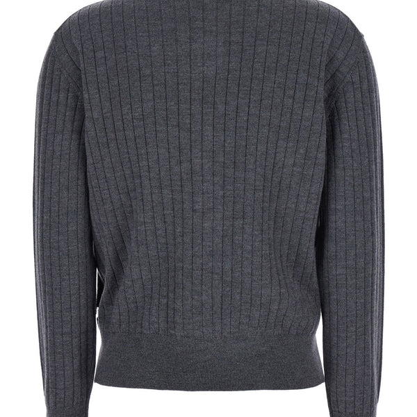 Bottega Veneta Sweaters? Bottega Veneta Women Grey Crewneck Cardigan With Knot Buttons Closure And Ribbed Knit In Wool Woman Premium Casual Designer Knitwear
