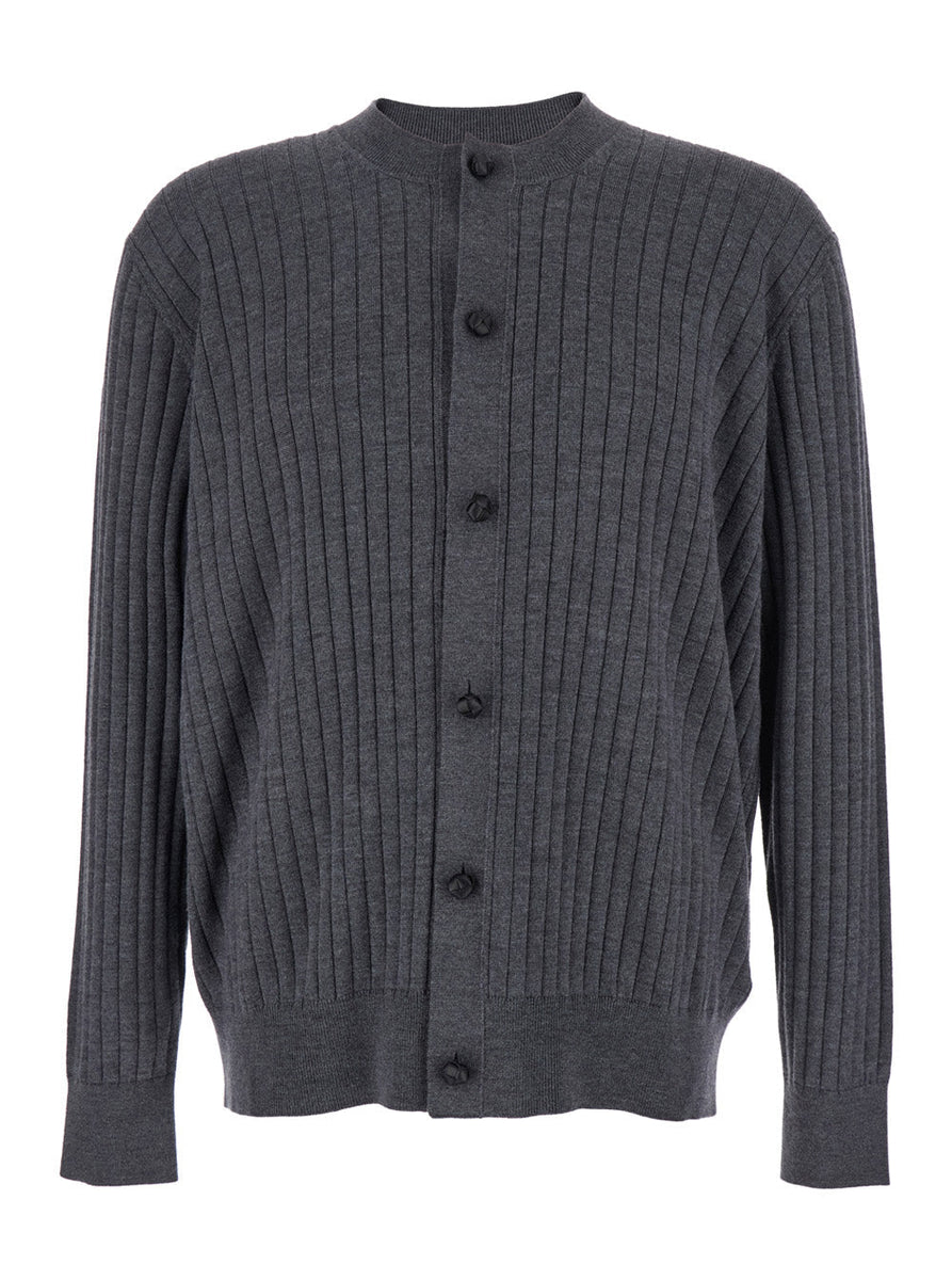 Bottega Veneta Sweaters? Bottega Veneta Men Grey Crewneck Cardigan With Front Button Closure And Ribbed Knit In Wool Man Luxury Designer Knit Sweater