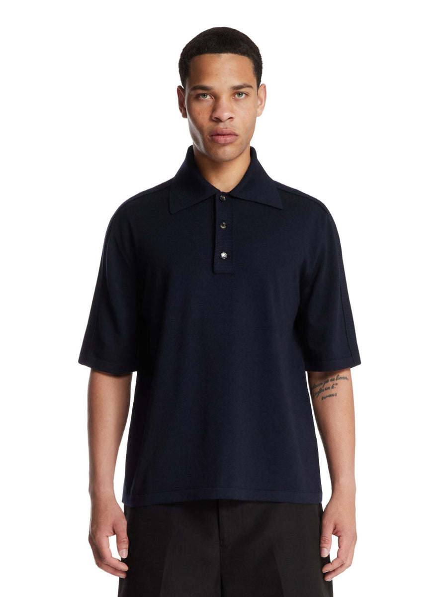 Bottega Veneta Polo Shirts? Bottega Veneta Men Blue Polo Shirt With Classic Collar And Front Button Closure In Wool Man Premium Everyday Polo Shirt
