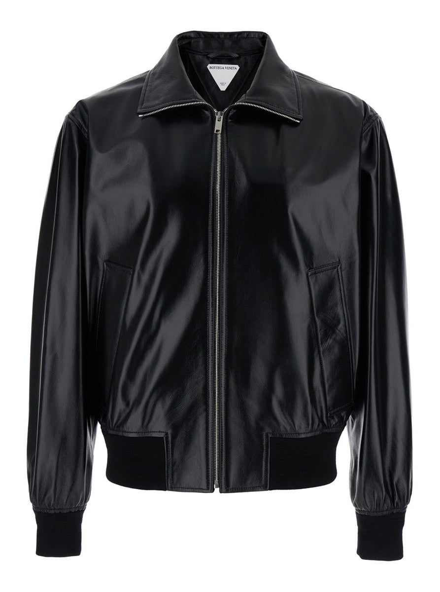 Bottega Veneta Jackets? Bottega Veneta Men Black Bomber Jacket With Two Front Welt Pockets In Leather Man Stylish Everyday Designer Outerwear