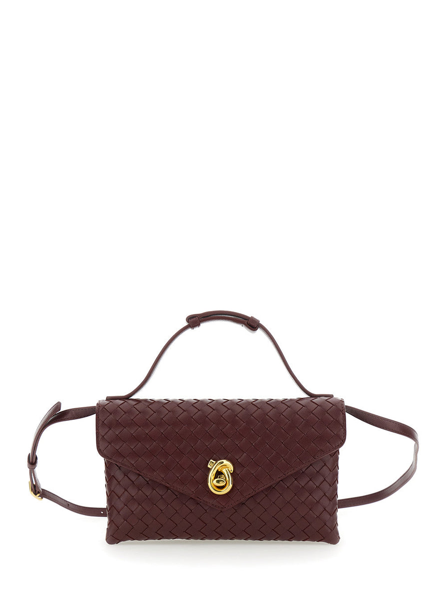 Bottega Veneta Bags? Bottega Veneta Women 'Knot Lock' Bordeaux Crossbody Bag With Intreccio Motif And Metal Knot Closure In Leather Woman Premium Designer Shoulder Bag
