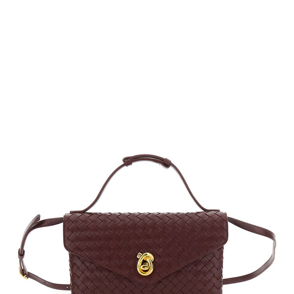 Bottega Veneta Bags? Bottega Veneta Women 'Knot Lock' Bordeaux Crossbody Bag With Intreccio Motif And Metal Knot Closure In Leather Woman Premium Designer Shoulder Bag