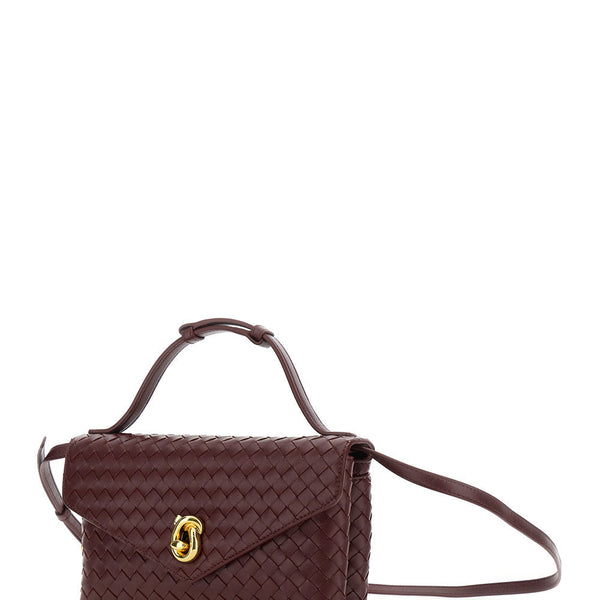 Bottega Veneta Bags? Bottega Veneta Women 'Knot Lock' Bordeaux Crossbody Bag With Intreccio Motif And Metal Knot Closure In Leather Woman Premium Designer Shoulder Bag